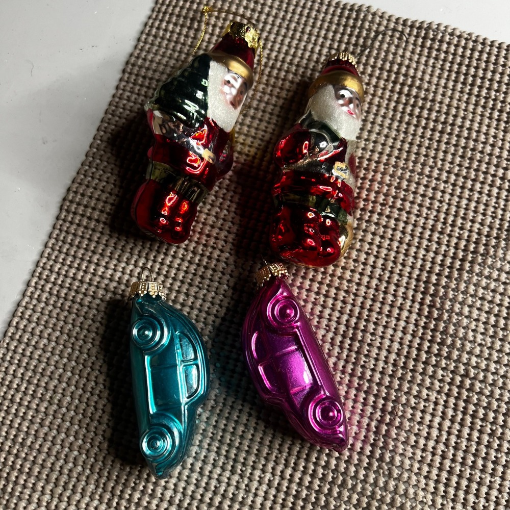 Vintage Style Glass Christmas Ornaments Set 4 Santa Claus and Retro Cars Multi